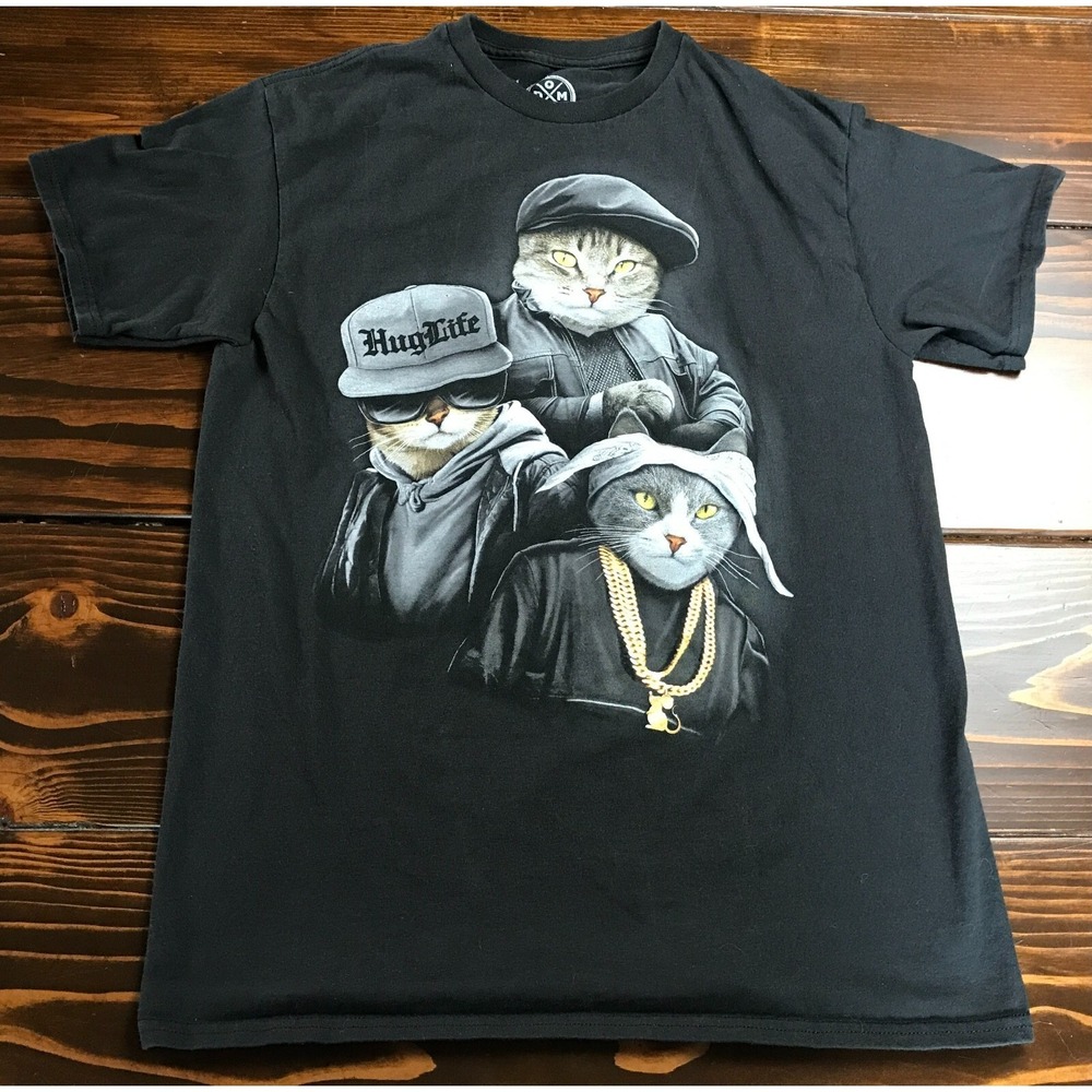 DOM Shirt, Men's Size Medium, Black, Cats HUG LIFE Print